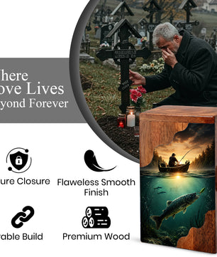Personalized Wooden Cremation Urn – Fishing Memorial Urn | Gone Fishing Wooden Urn for Dad