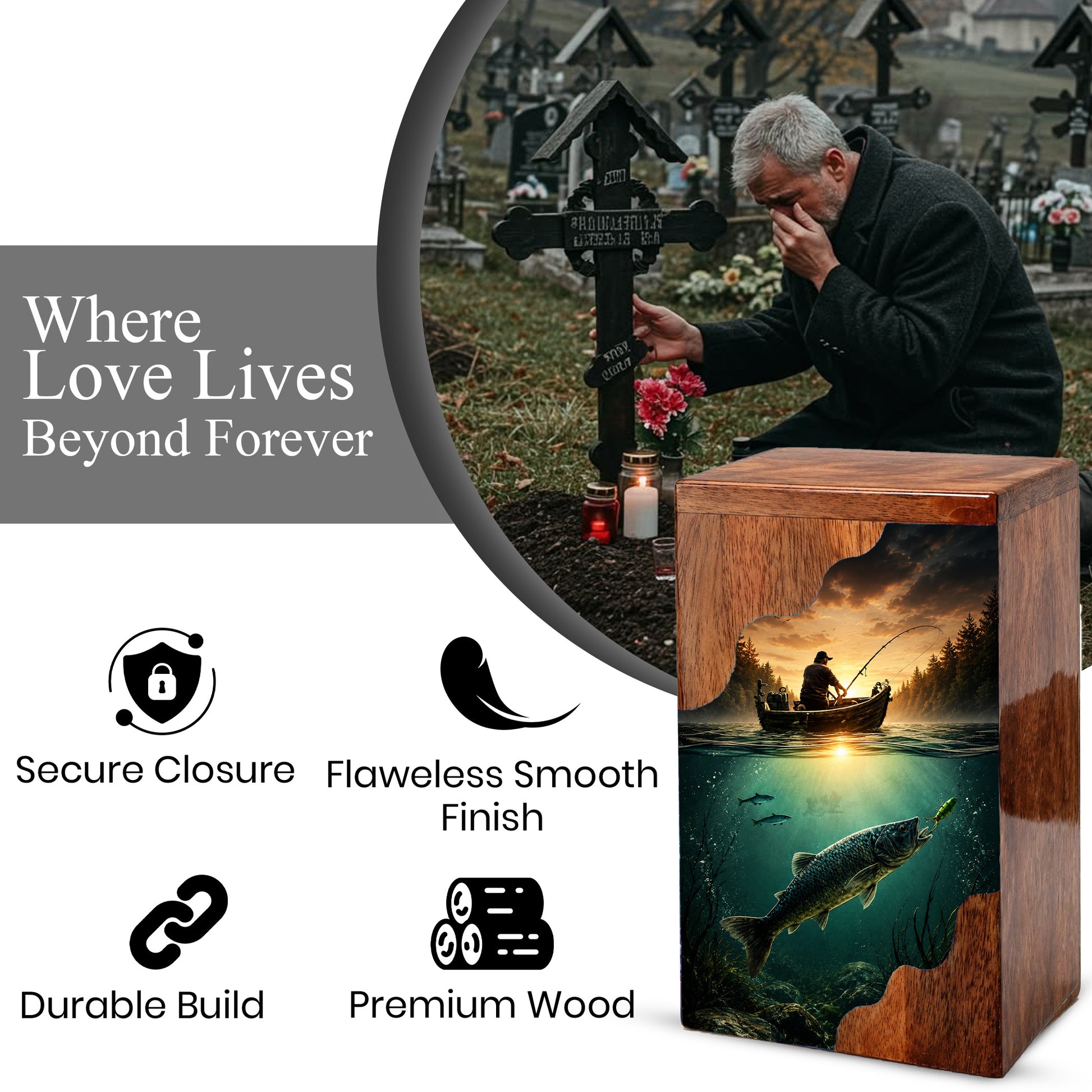 Personalized Wooden Cremation Urn – Fishing Memorial Urn | Gone Fishing Wooden Urn for Dad