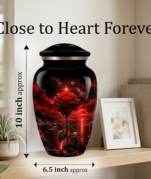 Red Rose Cremation Urn – Romantic Memorial Adult Urn for Ashes with Sunset Design