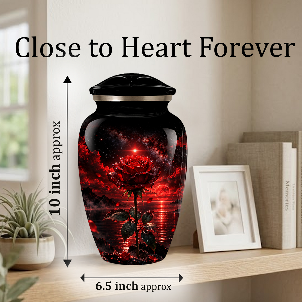 Red Rose Cremation Urn – Romantic Memorial Adult Urn for Ashes with Sunset Design