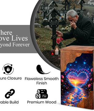 Butterfly Wooden Cremation Urn – Heart Sunset Memorial Urn for Human Ashes