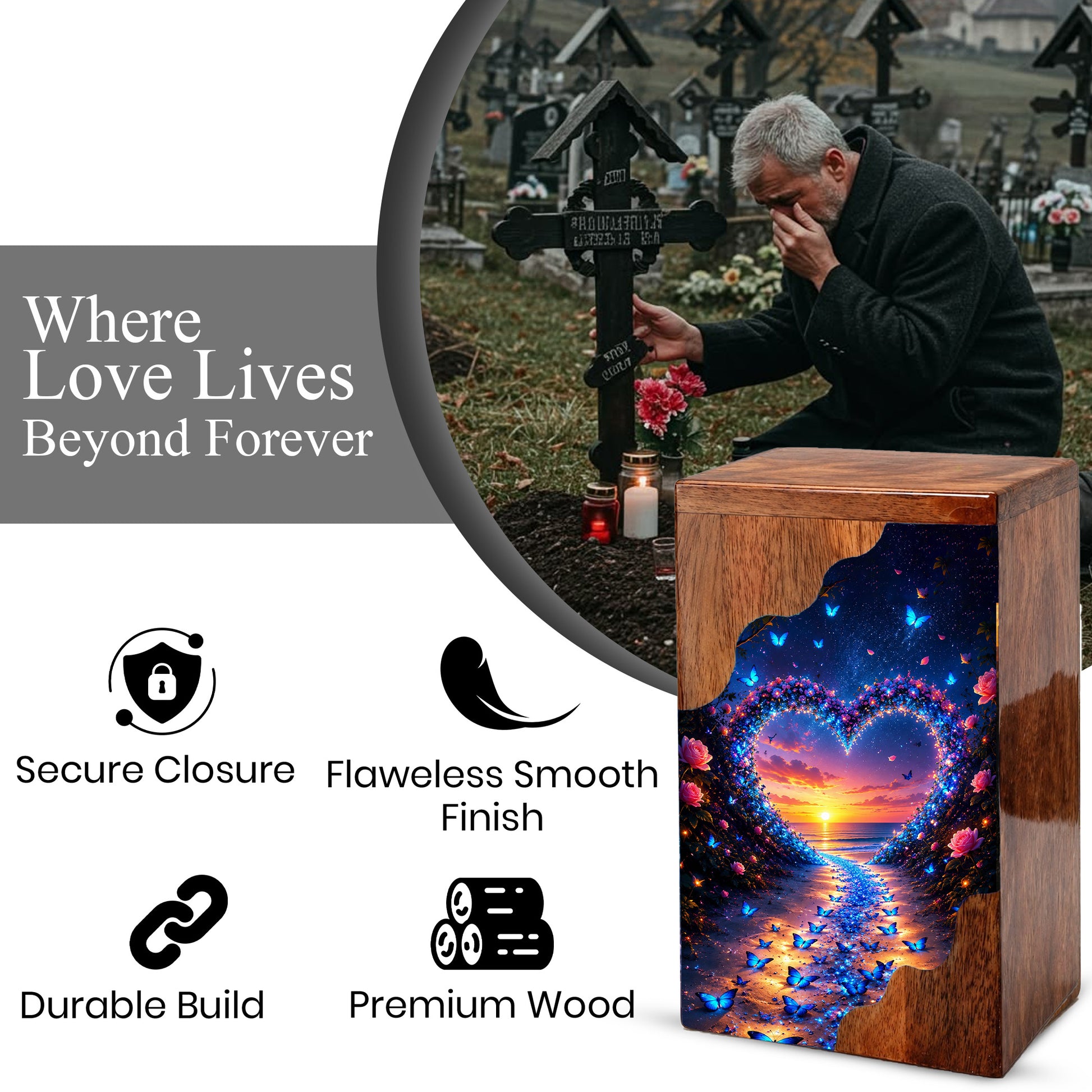 Butterfly Wooden Cremation Urn – Heart Sunset Memorial Urn for Human Ashes