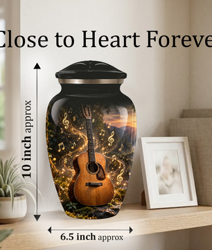 Personalized Guitar Cremation Urn for Ashes, Musical Instrument Urn with Golden Music Notes, Custom Music Lover Urn