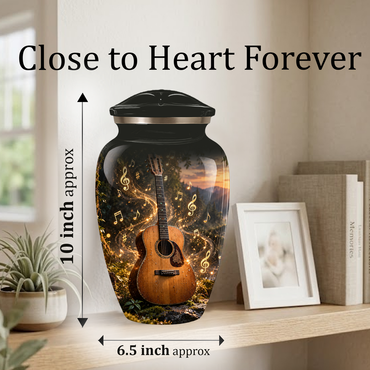 Personalized Guitar Cremation Urn for Ashes, Musical Instrument Urn with Golden Music Notes, Custom Music Lover Urn