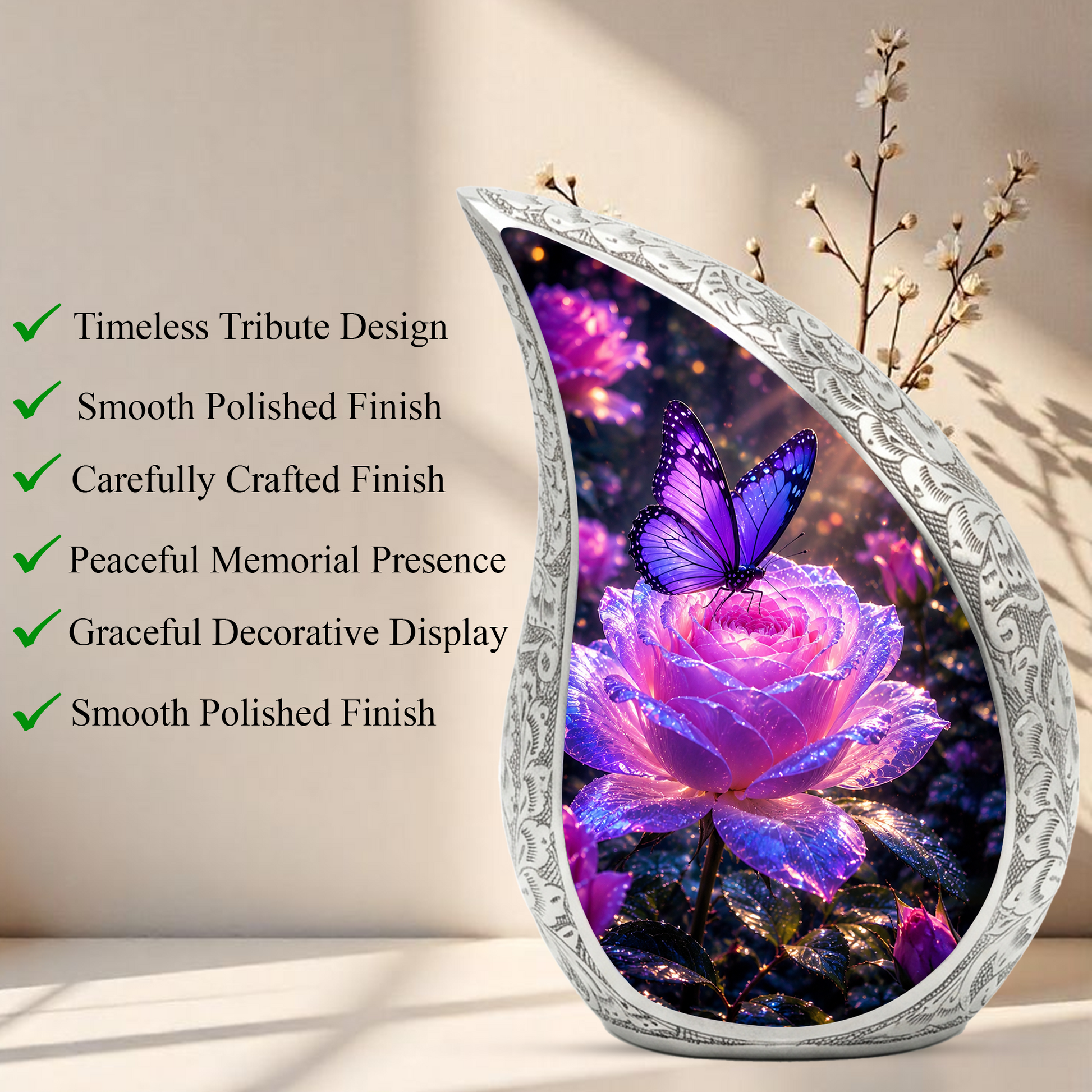 Flower Urn for Mom and Women – Blue Velvet Butterfly Keepsake Cremation Urn for Mom,