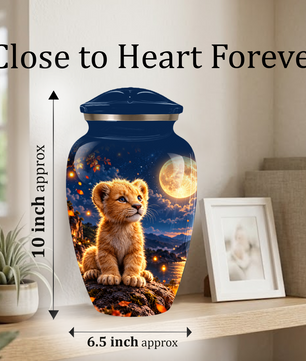 Personalized Adult Cremation Urn for Ashes, Baby Lion Under Golden Moon Memorial Urn