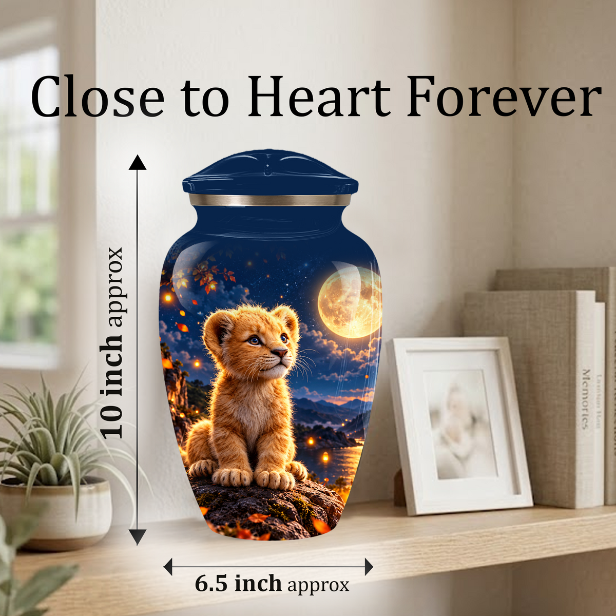 Personalized Adult Cremation Urn for Ashes, Baby Lion Under Golden Moon Memorial Urn