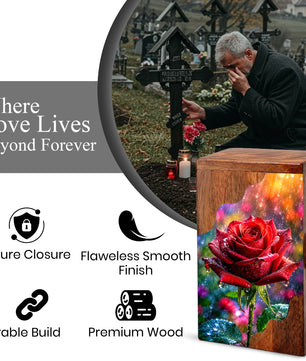 Red Rose Wooden Cremation Urn – Wooden Urn for Human Ashes