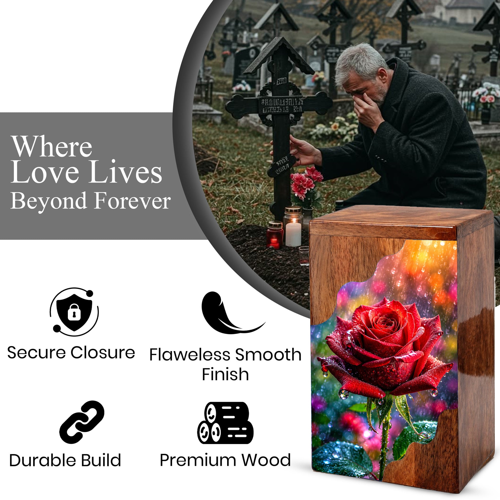 Red Rose Wooden Cremation Urn – Wooden Urn for Human Ashes