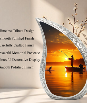 Fishing Personalized Cremation Urn for Dad – Teardrop Style Aluminum Memorial Urn, 10 Inch
