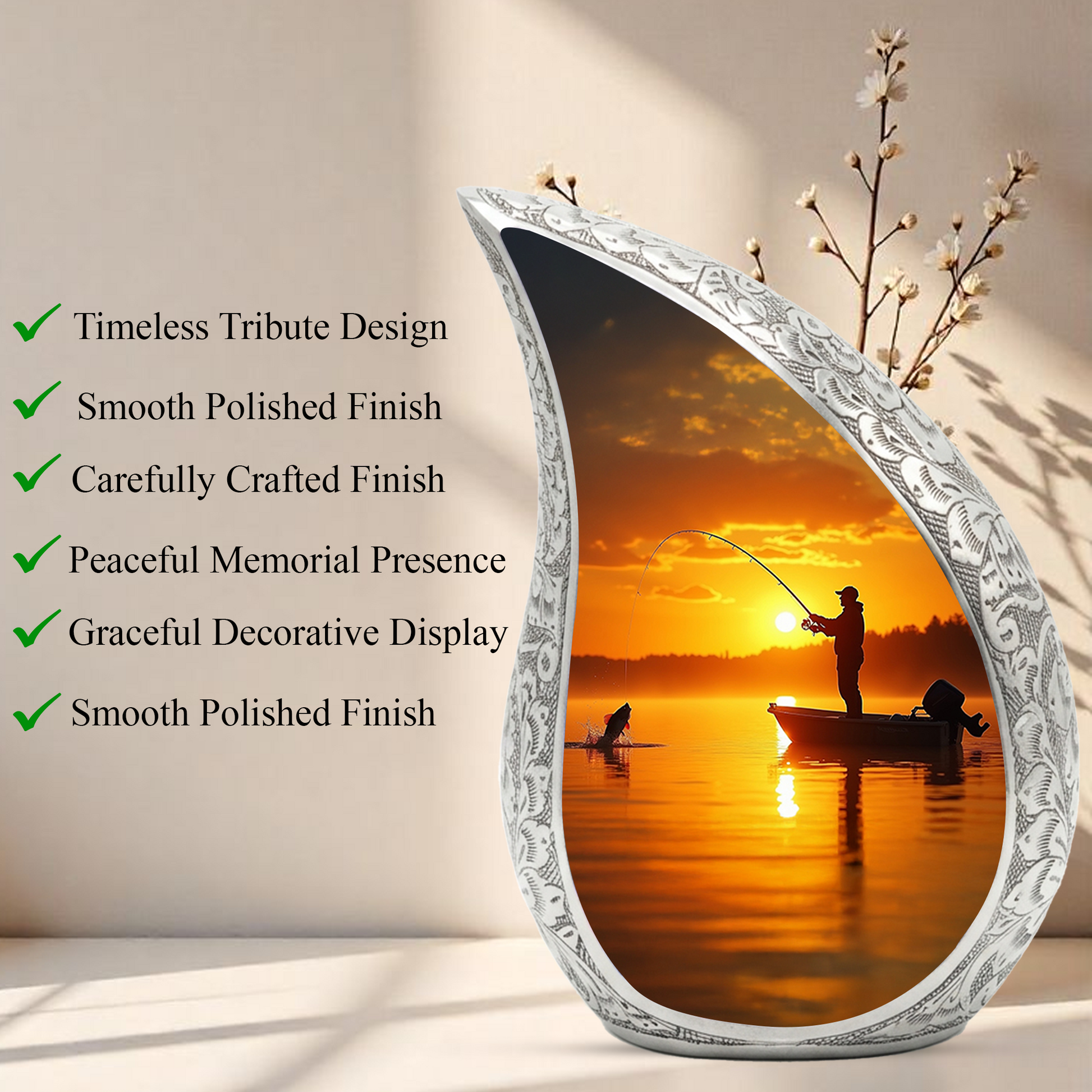 Fishing Personalized Cremation Urn for Dad – Teardrop Style Aluminum Memorial Urn, 10 Inch