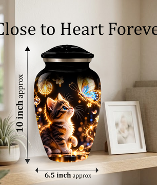 Kitten and Butterfly Cremation Urn for Adult Ashes, Personalized Cat Memorial Urn
