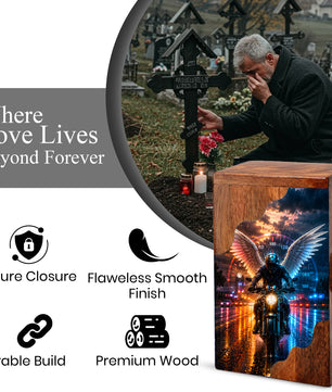 Motorcycle Wooden Cremation Urn – Memorial Urn for Dad Ashes | Biker Angel Wings Wooden Urn