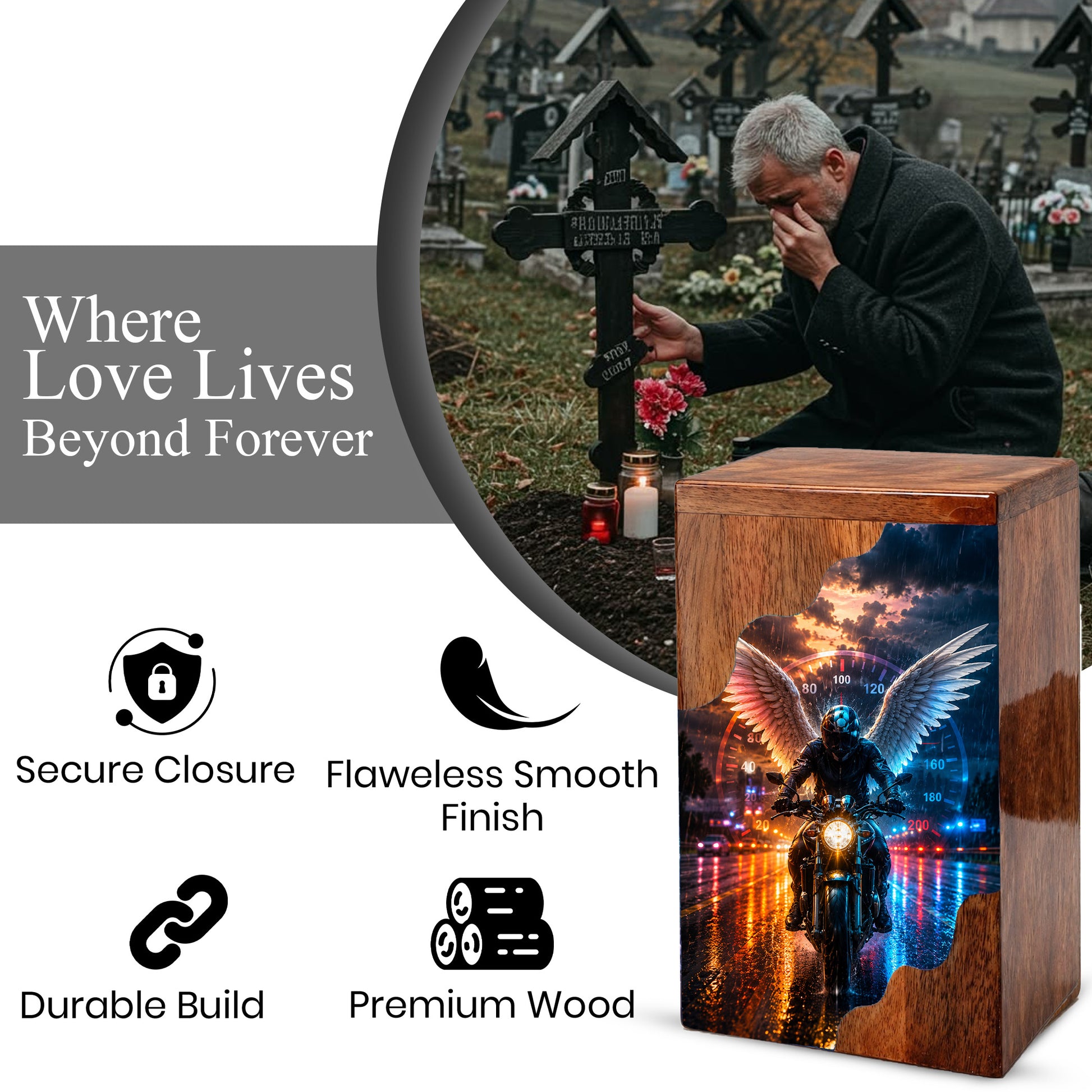 Motorcycle Wooden Cremation Urn – Memorial Urn for Dad Ashes | Biker Angel Wings Wooden Urn
