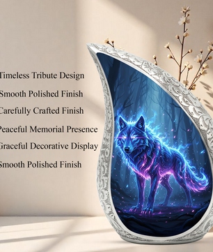 Mystic Wolf Personalized Cremation Urn – Teardrop Memorial Urn for Ashes | 10 Inch Aluminum Adult Urn