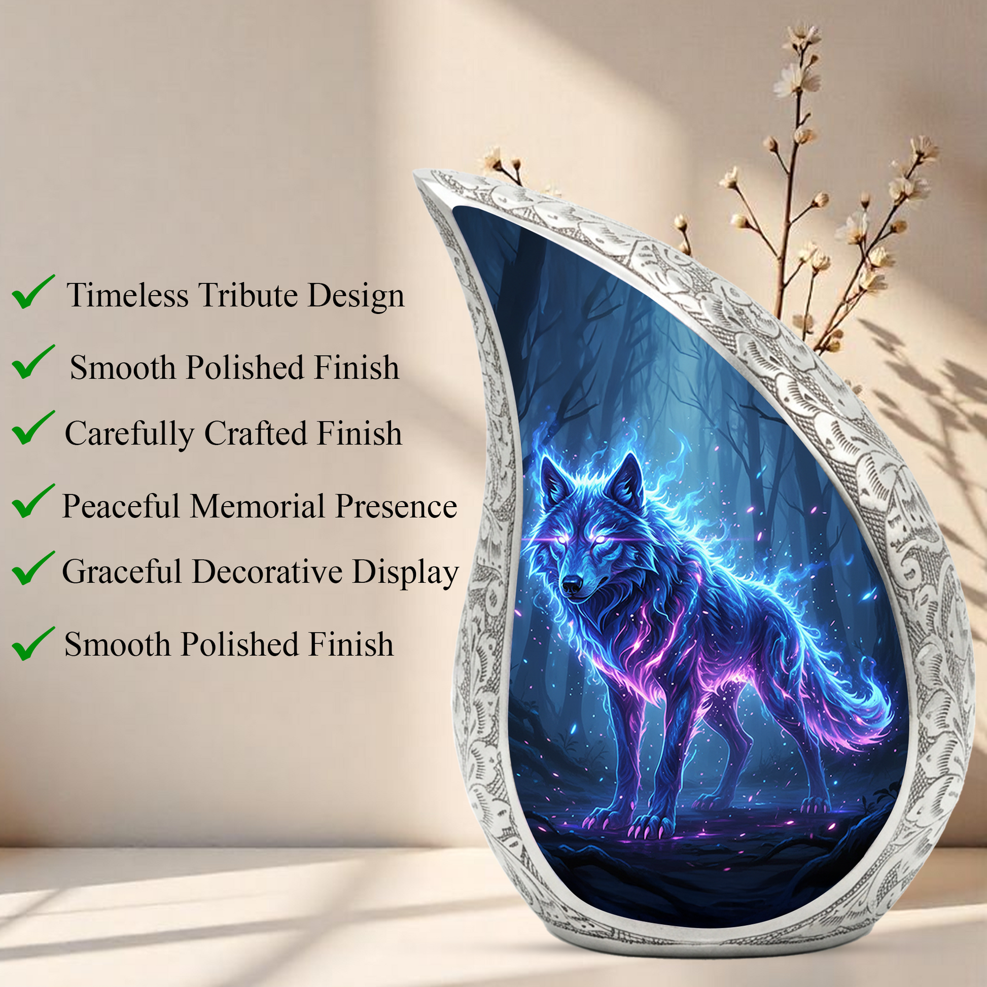 Mystic Wolf Personalized Cremation Urn – Teardrop Memorial Urn for Ashes | 10 Inch Aluminum Adult Urn