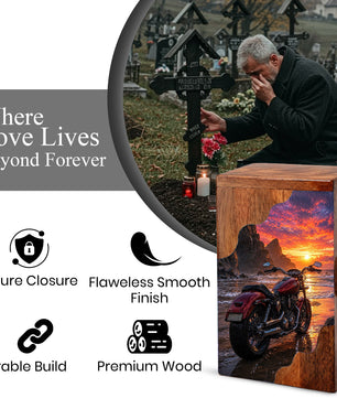 Motorcycle Beach Sunset Cremation Urn – Wooden Urn for Human Ashes