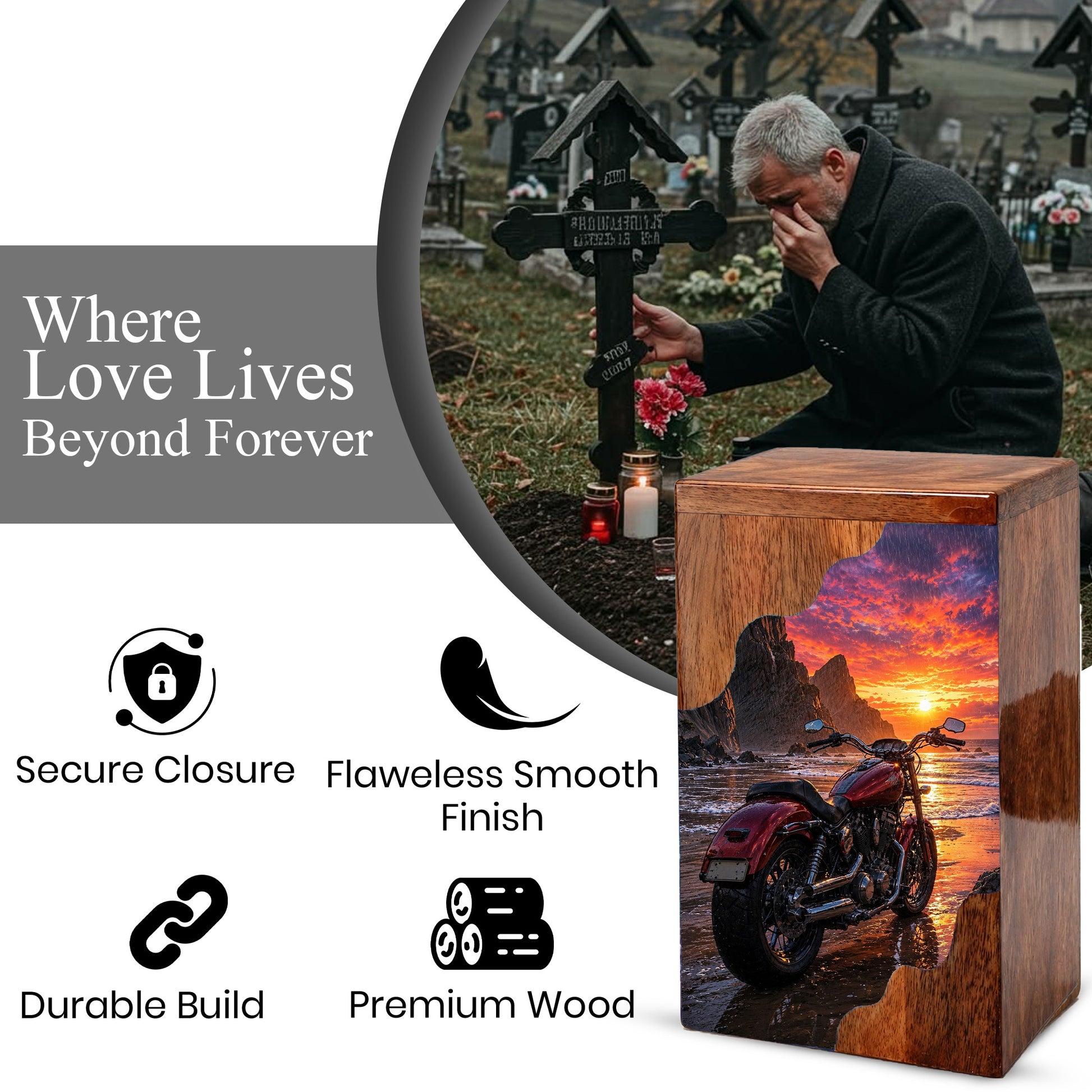 Motorcycle Beach Sunset Cremation Urn – Wooden Urn for Human Ashes