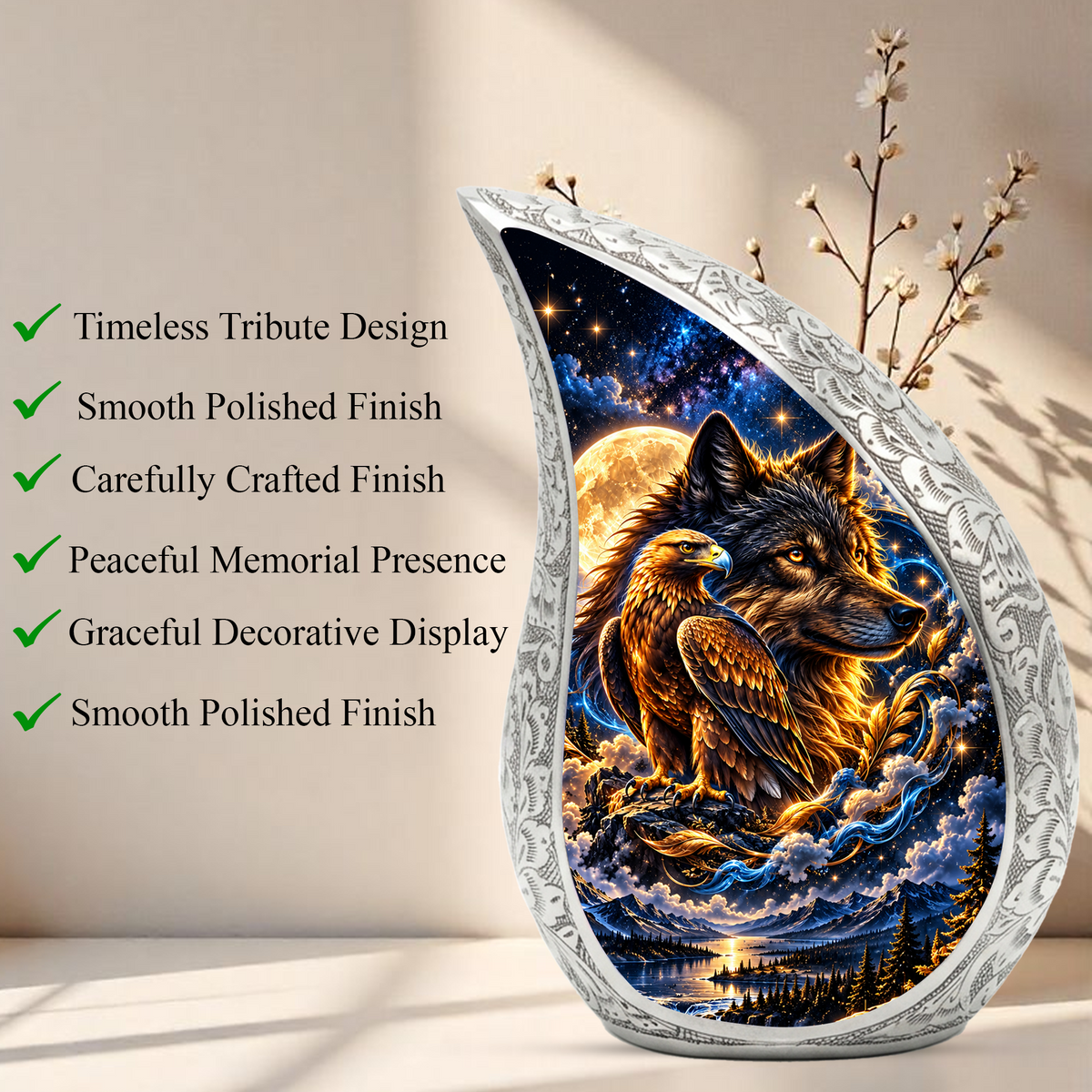 Wolf and Eagle Cremation Urn for Ashes, Wildlife Adult Memorial Urn, Celestial Animal Design