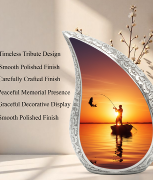Fishing Personalized Cremation Urn for Dad – Teardrop Style Aluminum Memorial Urn, 10 Inch
