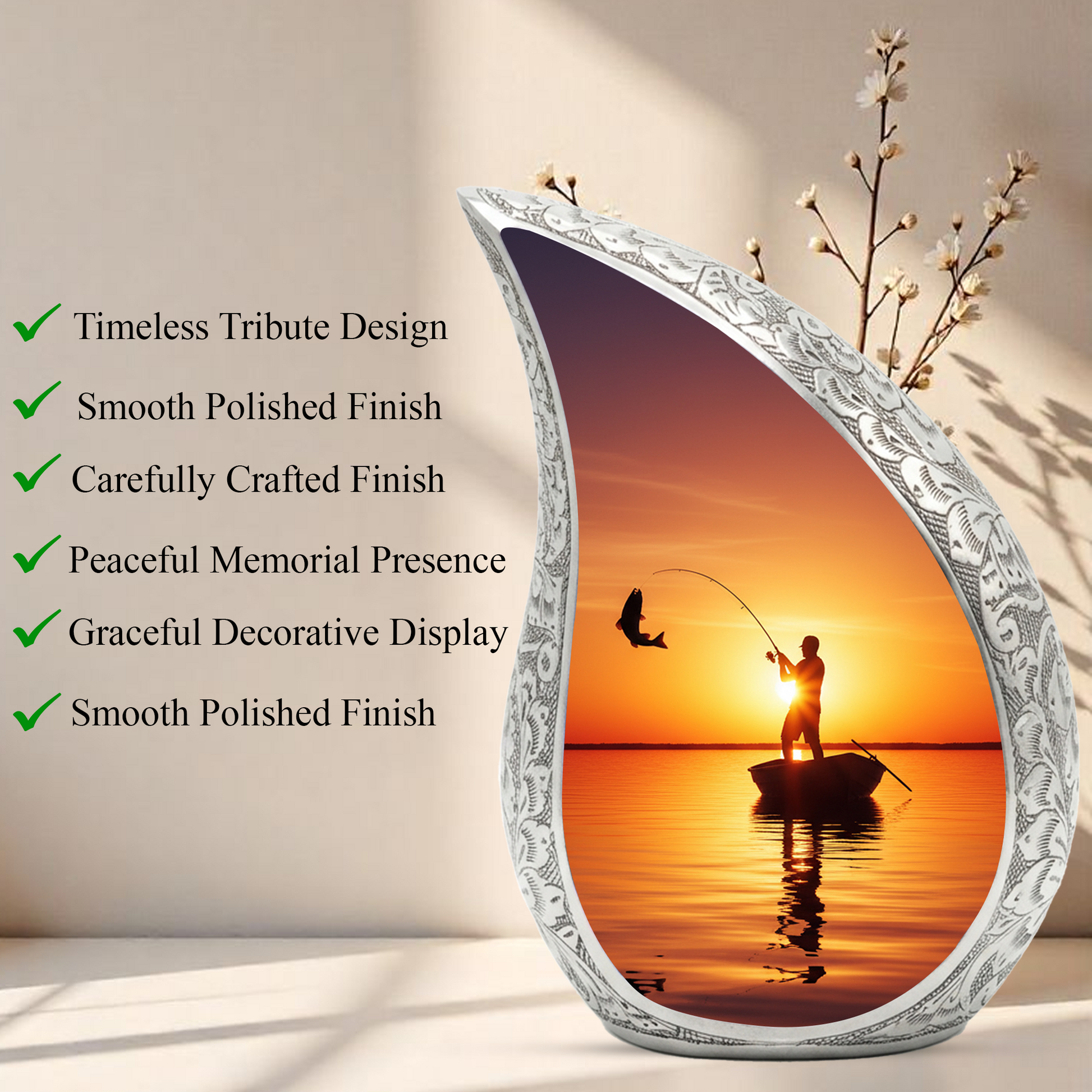 Fishing Personalized Cremation Urn for Dad – Teardrop Style Aluminum Memorial Urn, 10 Inch