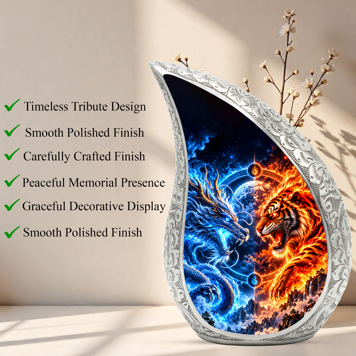 Tiger and Dragon Cremation Urn for Ashes, Fire and Ice Memorial Urn