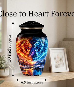 Personalized Adult Cremation Urn for Ashes, Fire and Ice Twin Lion Memorial Urn