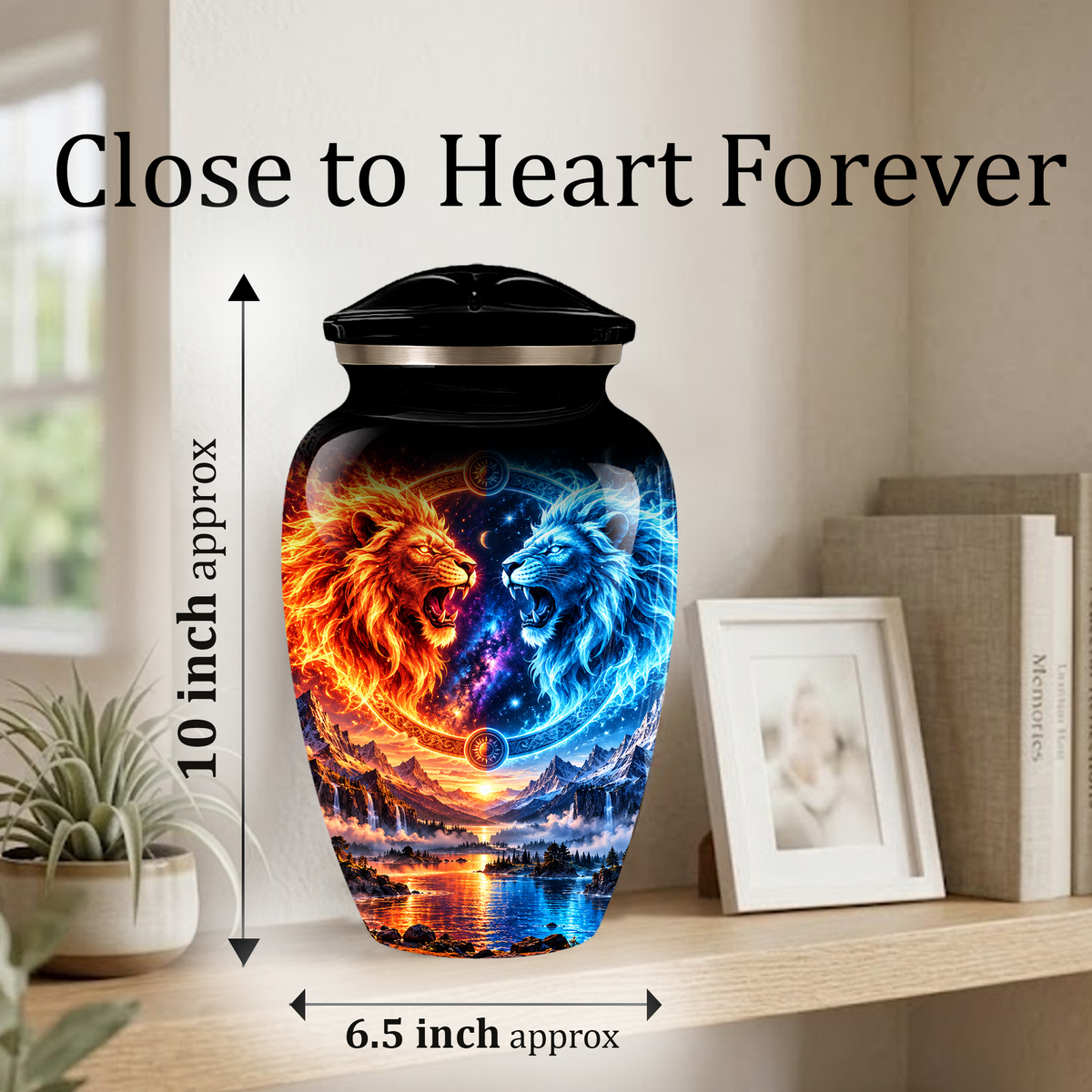 Personalized Adult Cremation Urn for Ashes, Fire and Ice Twin Lion Memorial Urn
