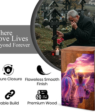 Angel Girl Wooden Cremation Urn – Fantasy Sunset Memorial Wooden Urn for Human Ashes