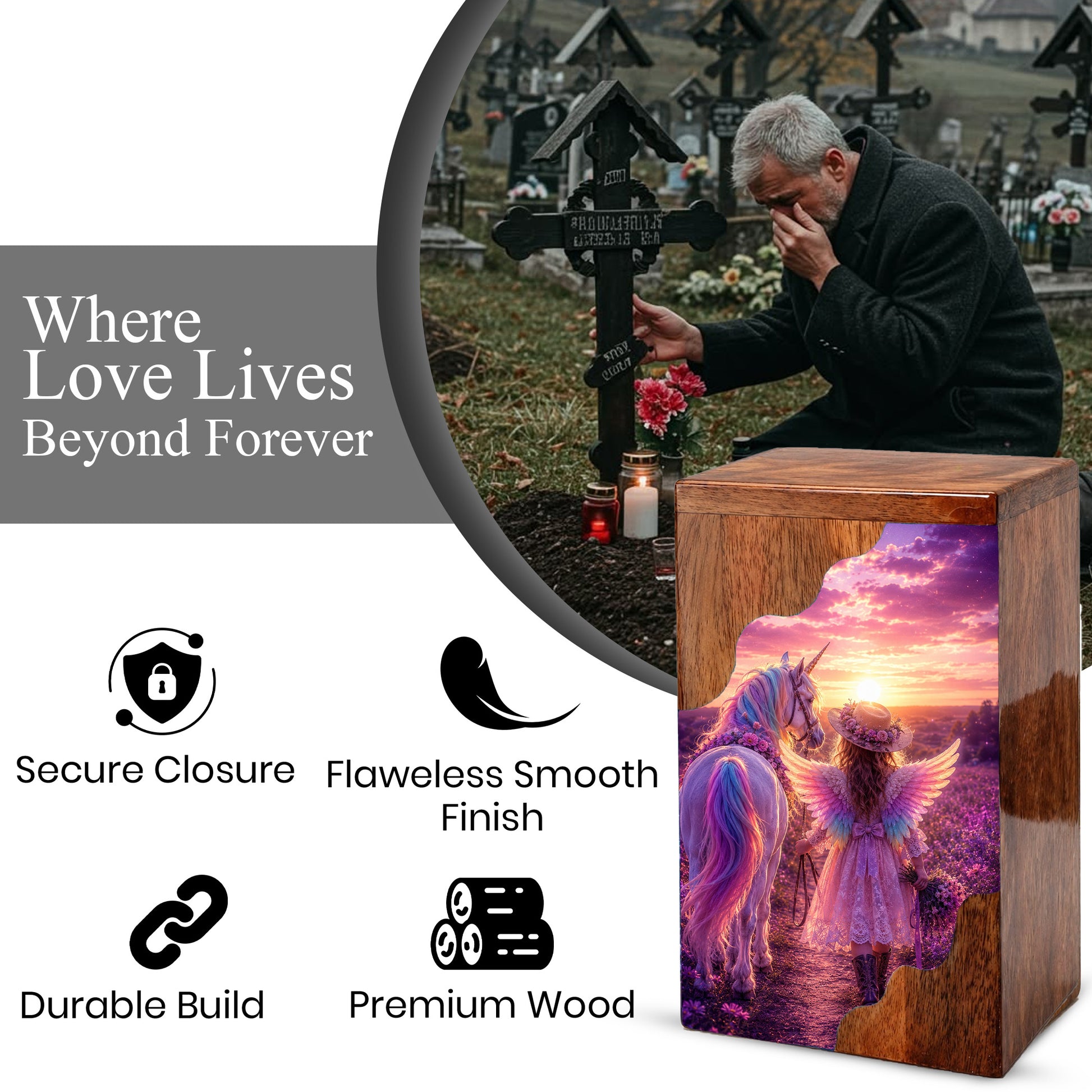 Angel Girl Wooden Cremation Urn – Fantasy Sunset Memorial Wooden Urn for Human Ashes