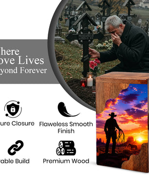 Cowboy Sunset Wooden Cremation Urn – Wooden Urn for Human Ashes