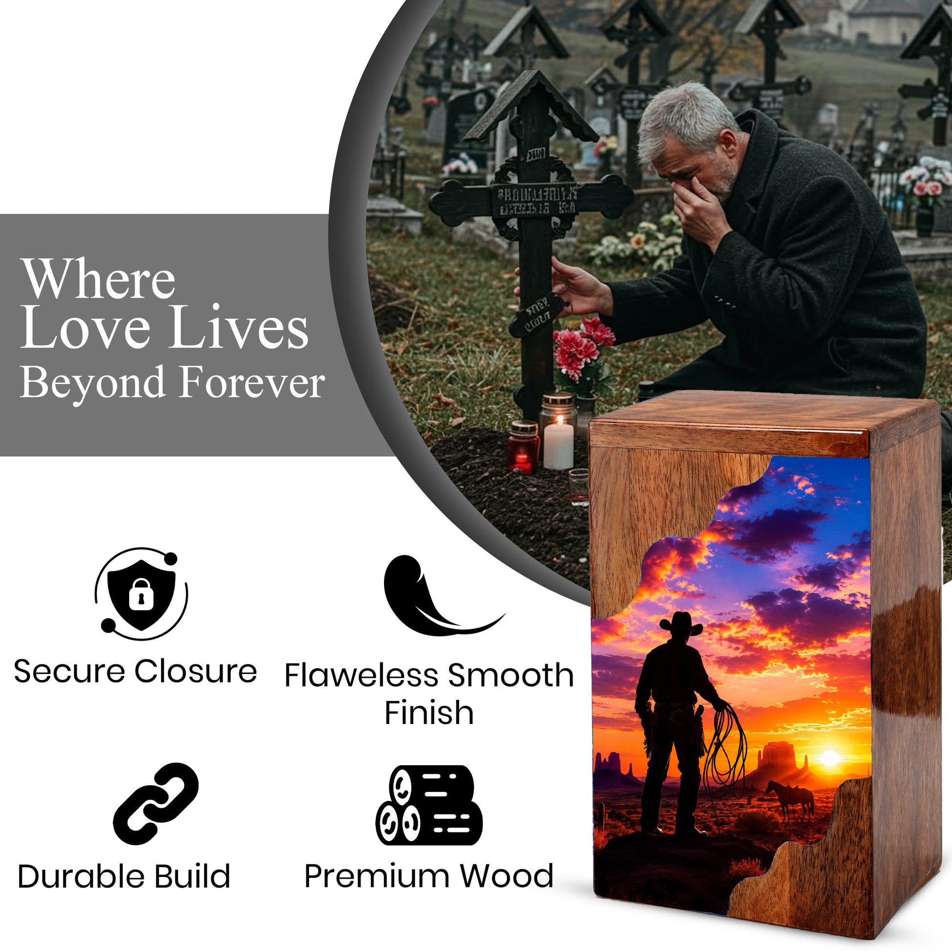 Cowboy Sunset Wooden Cremation Urn – Wooden Urn for Human Ashes