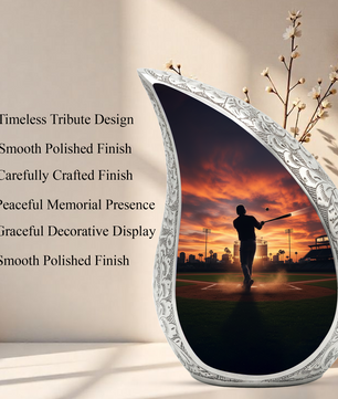 Baseball Player Memorial Urn | Personalized Cremation Urn for Dad | Sunset Baseball Memorial for Ashes