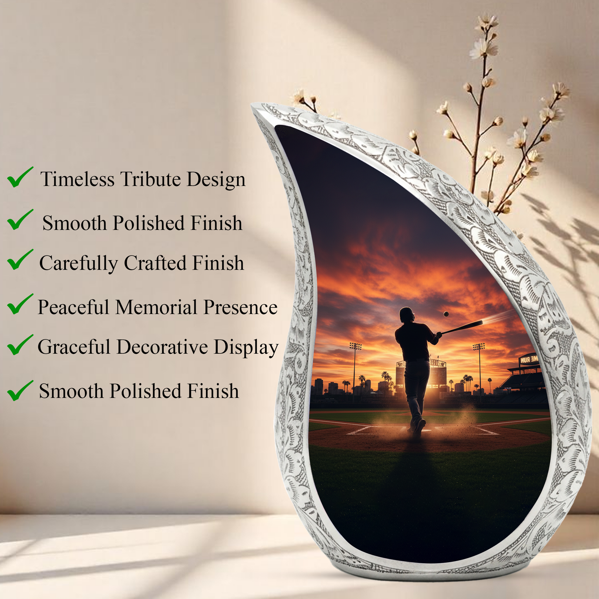 Baseball Player Memorial Urn | Personalized Cremation Urn for Dad | Sunset Baseball Memorial for Ashes