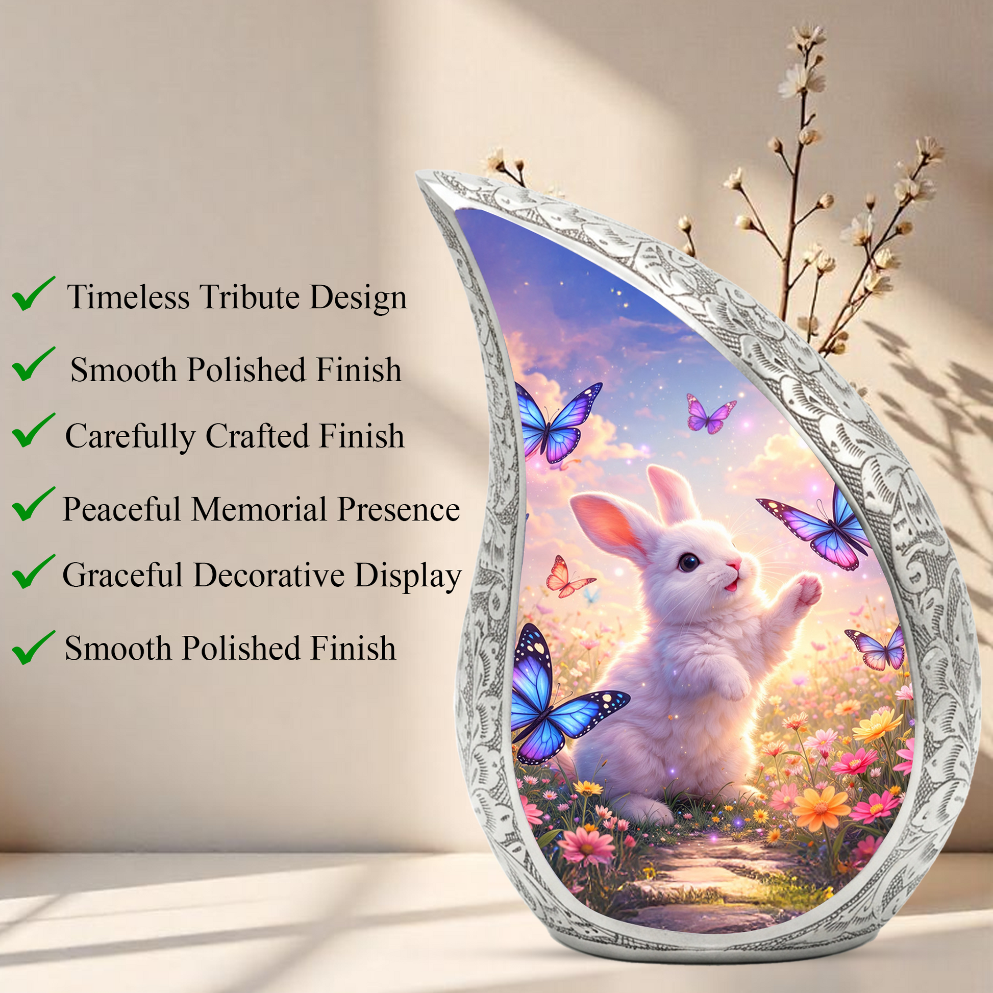 Personalized Cat Cremation Urn – Butterfly Garden Teardrop Memorial Urn, 10 Inch Aluminum