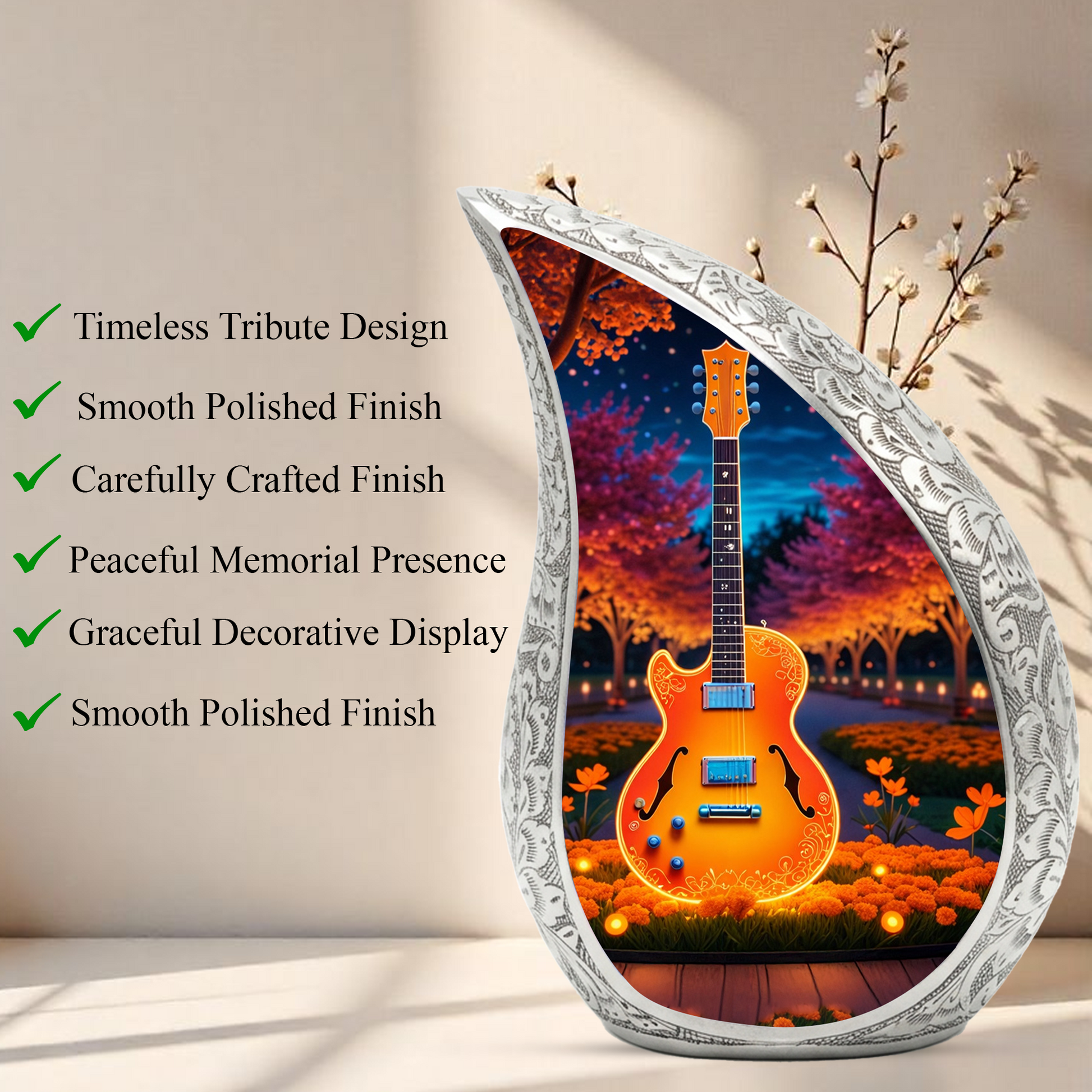 Personalized Guitar Cremation Urn – Custom Music Memorial Urn for Ashes, Teardrop Aluminum Adult Urn, 10 Inch