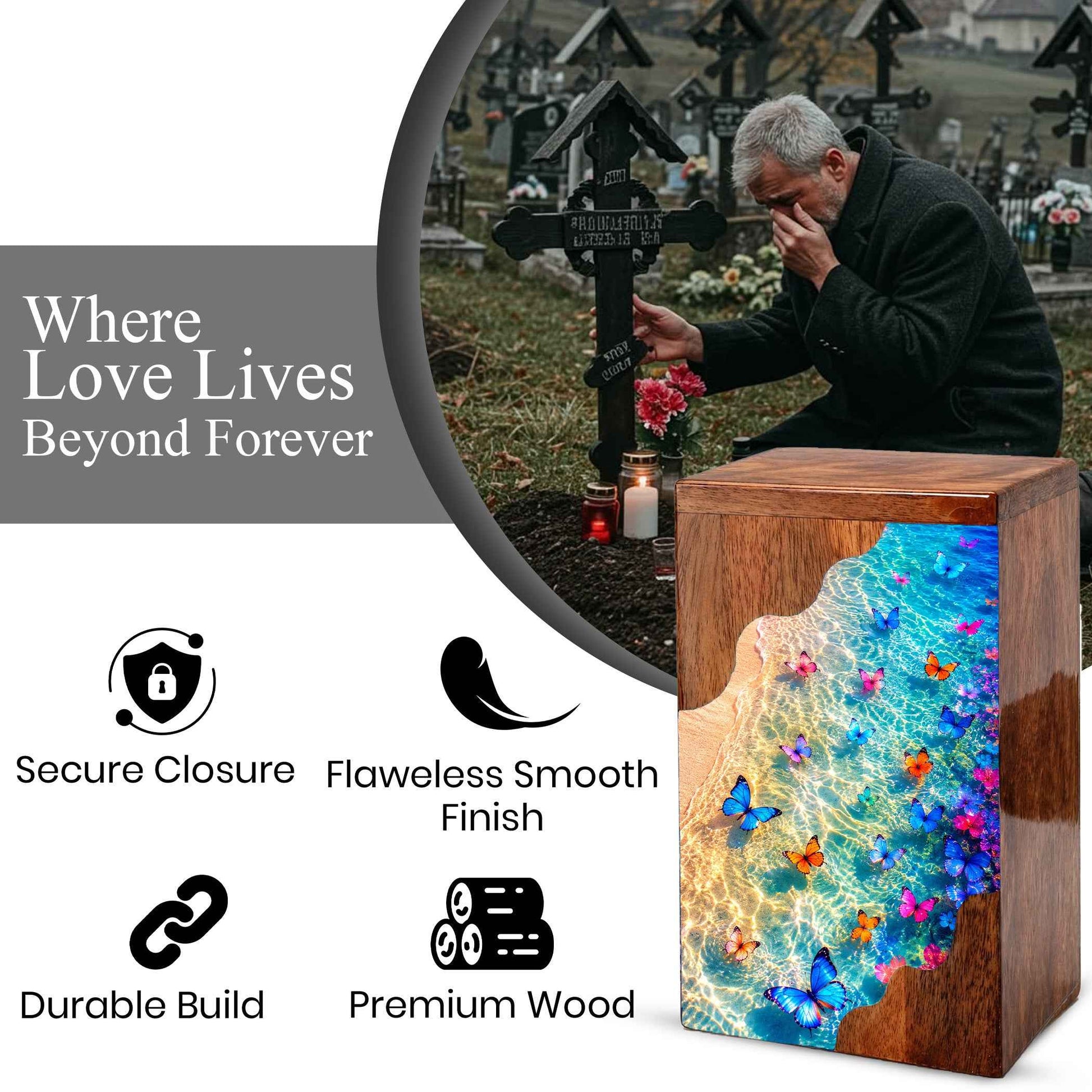 Butterfly Wooden Cremation Urn | Wooden Urn for Human Ashes | Ocean Butterfly Urn