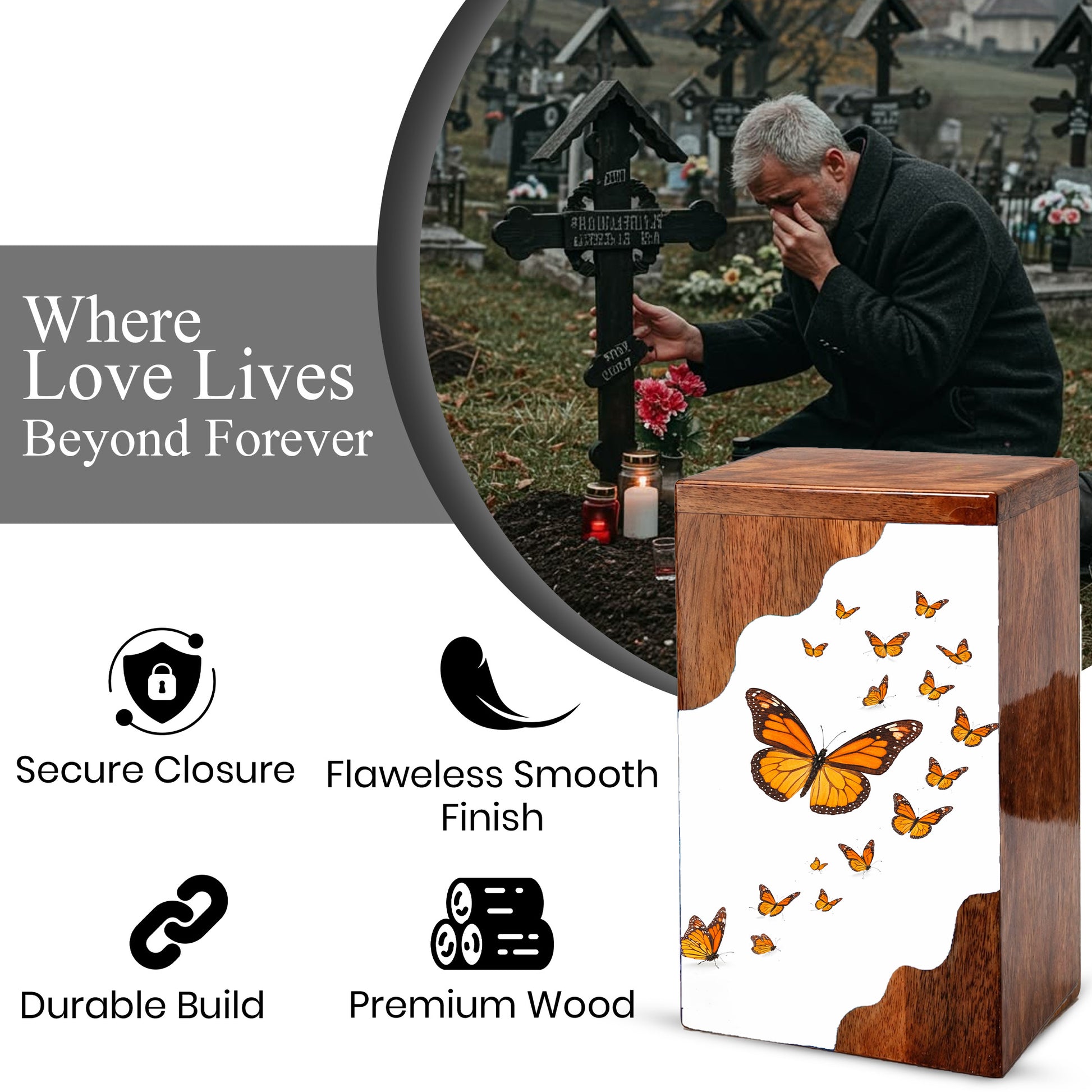 Wooden Butterfly Cremation Urn – Monarch Butterfly Memorial Urn | Custom Wooden Urn for Human Ashes