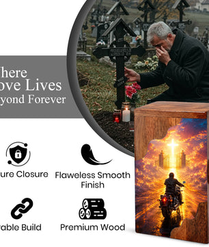 Motorcycle Heaven Wooden Cremation Urn – Christian Memorial Urn for Human Ashes