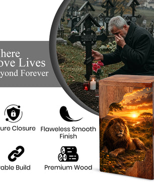 Lion Wooden Cremation Urn – Wooden Urn for Human Ashes | Memorial Urn for Dad