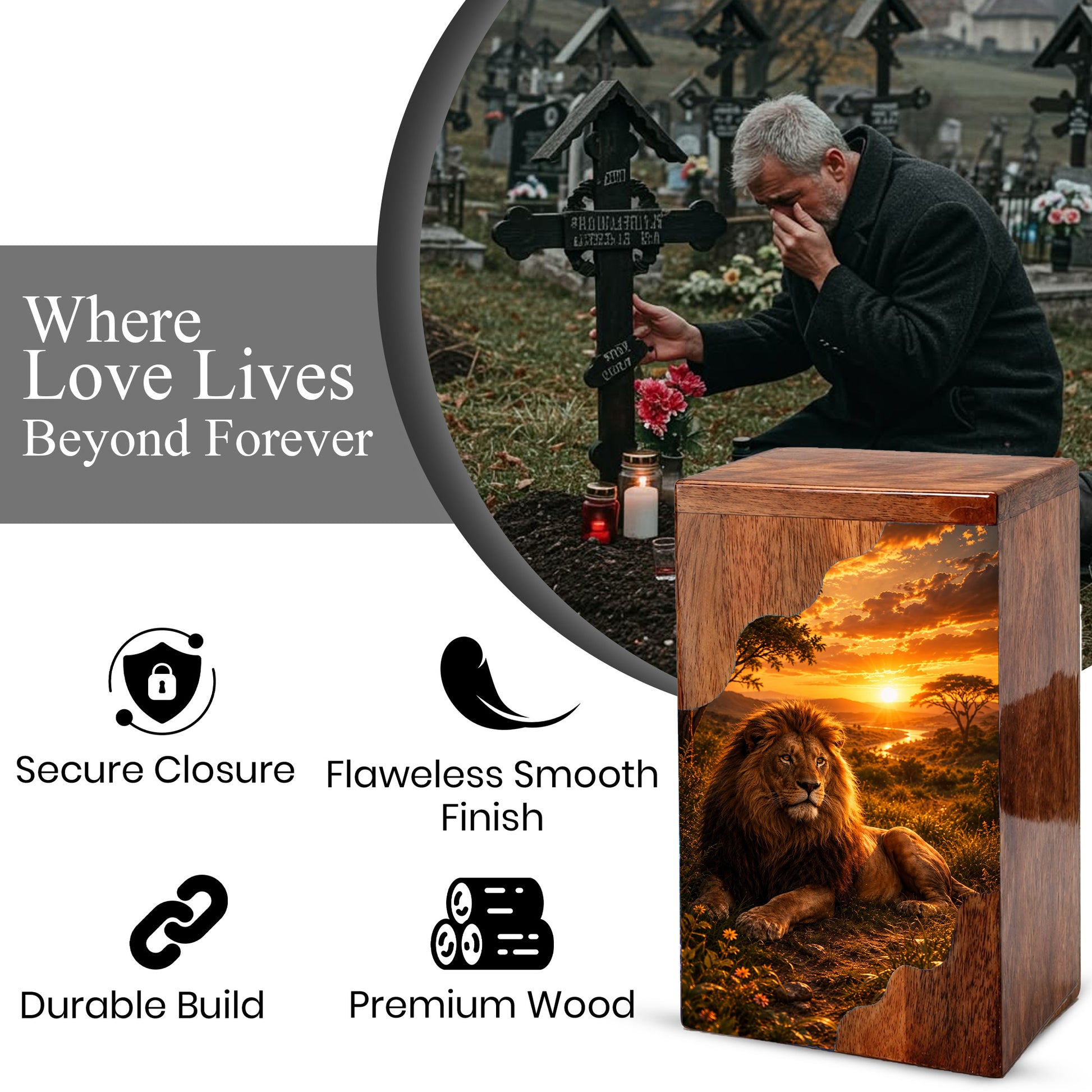 Lion Wooden Cremation Urn – Wooden Urn for Human Ashes | Memorial Urn for Dad
