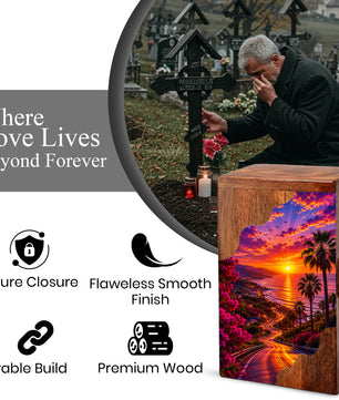 Beach Wooden Cremation Urn for Human Ashes | Coastal Sunset Memorial Urn