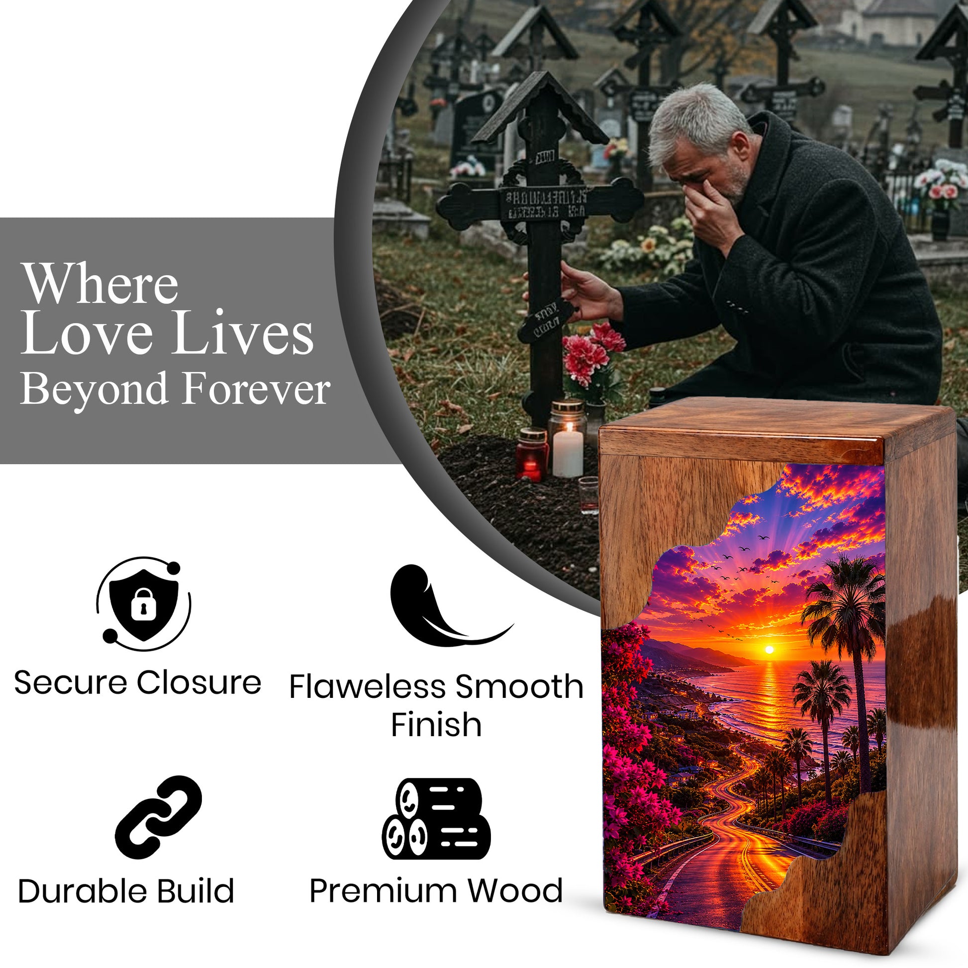 Beach Wooden Cremation Urn for Human Ashes | Coastal Sunset Memorial Urn