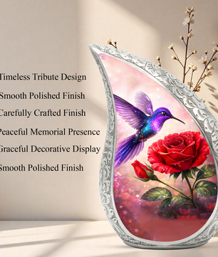 Hummingbird Rose Personalized Cremation Urn – Teardrop Style Aluminum Memorial Urn, 10 Inch