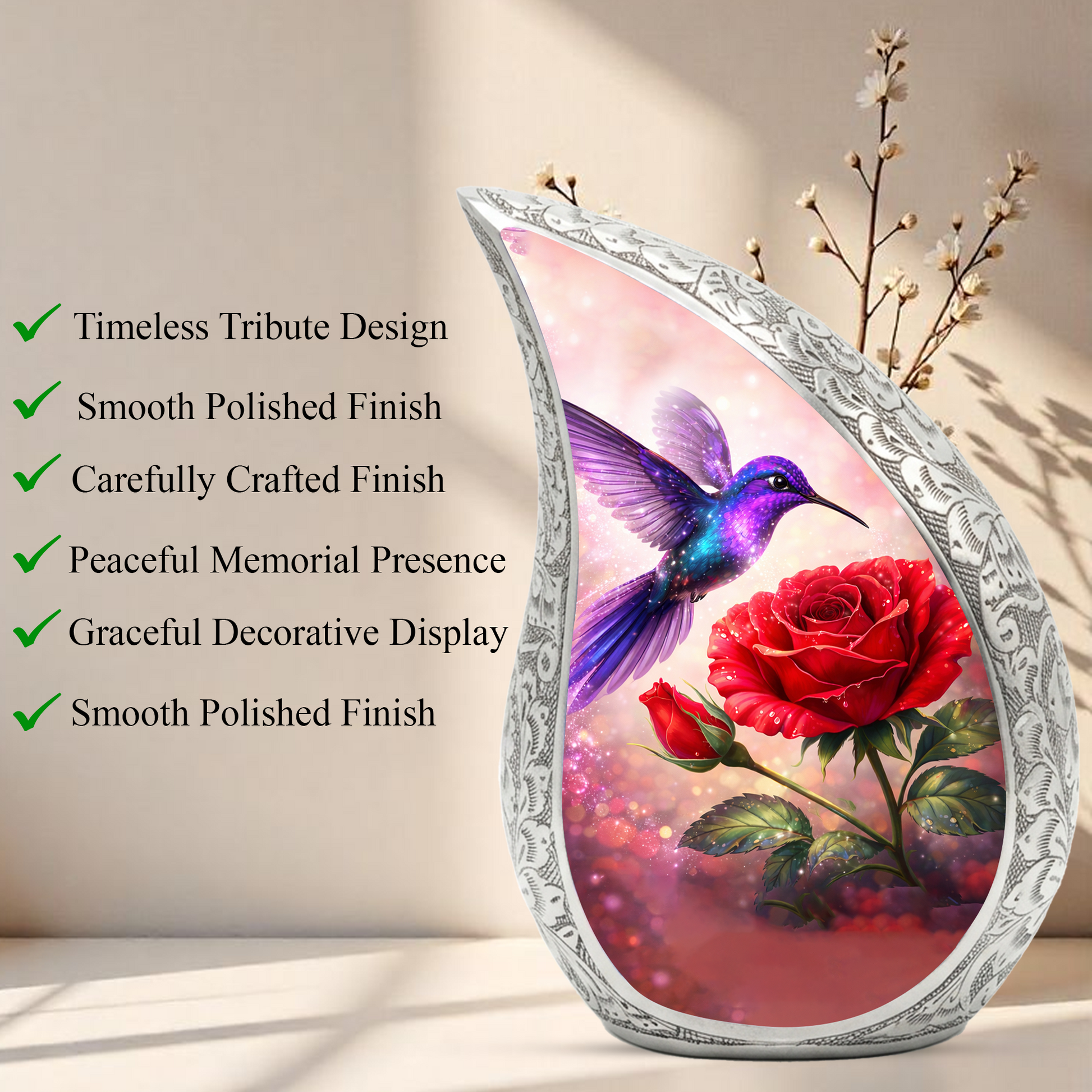 Hummingbird Rose Personalized Cremation Urn – Teardrop Style Aluminum Memorial Urn, 10 Inch