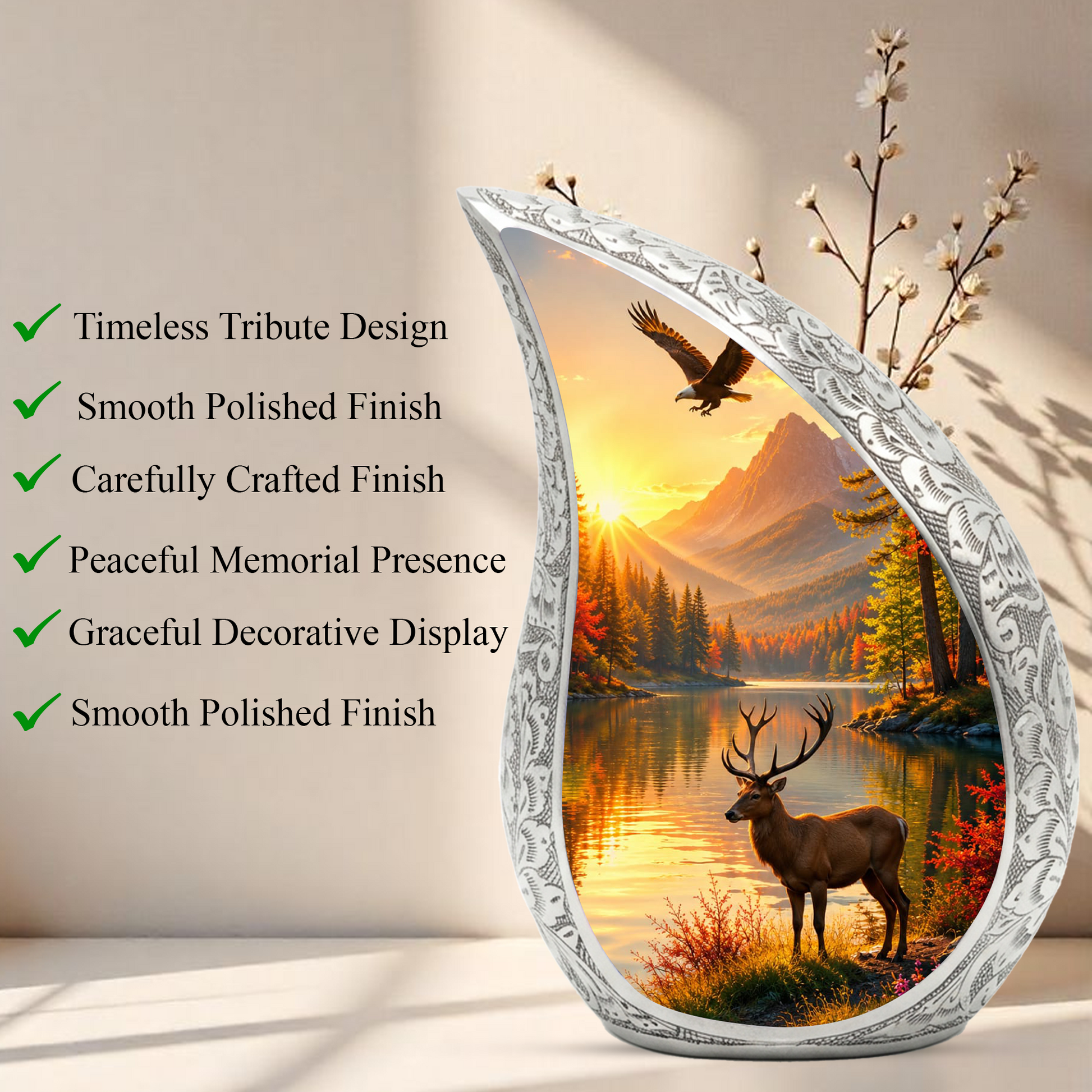 Deer Memorial Adult Urn for Ashes, Mountain Lake Cremation Urn