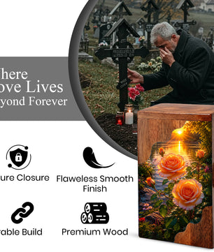 Rose Wooden Cremation Urn – Sunset Floral Memorial Urn for Human Ashes