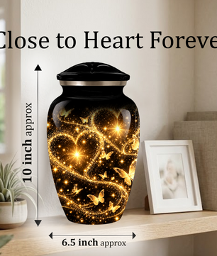 Personalized Adult Cremation Urn for Ashes, Golden Butterfly Heart Memorial Urn, Custom Adult Urn