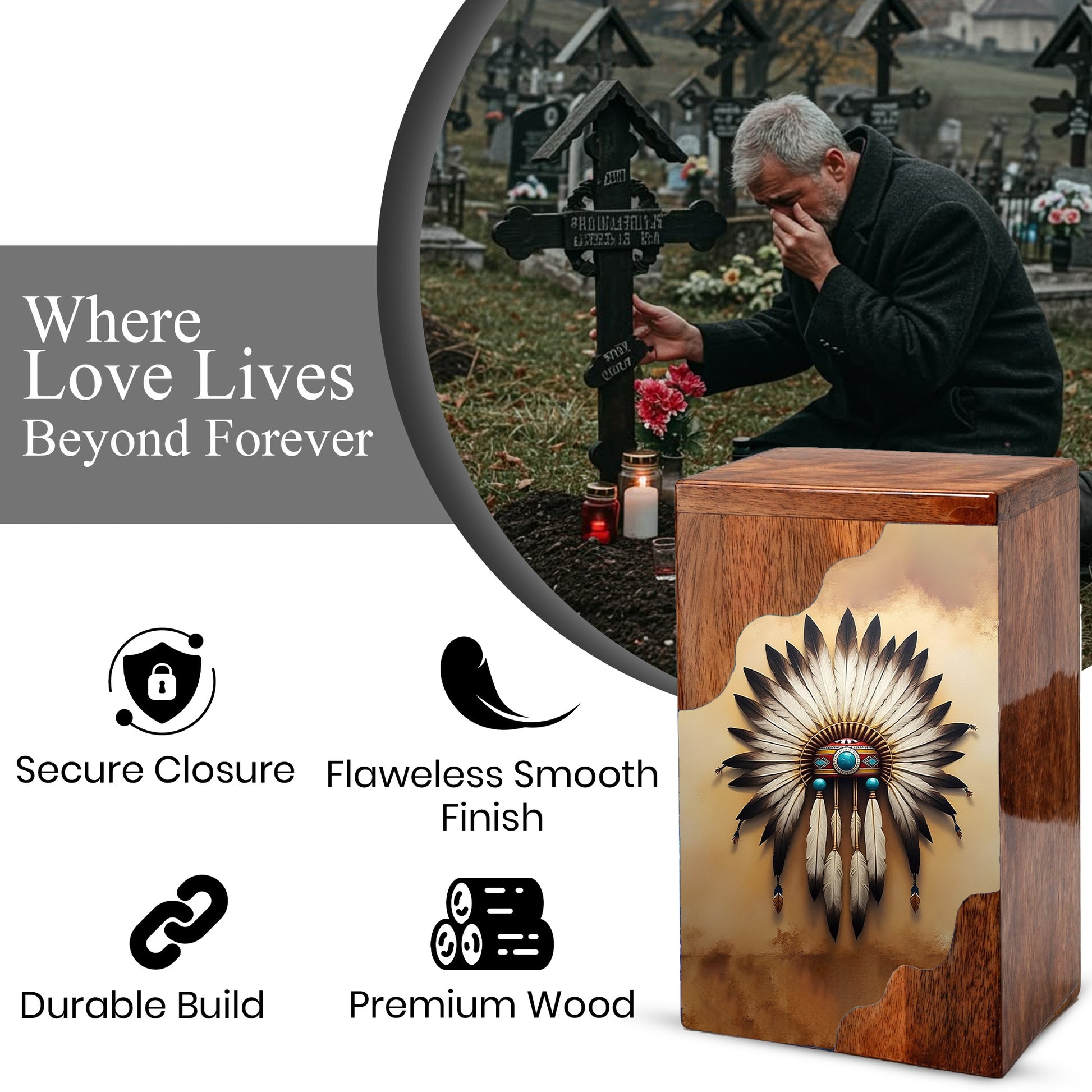 Wooden Cremation Urn – Feather Memorial Design | Custom Wooden Urn for Human Ashes
