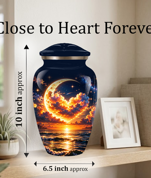 Personalized Adult Cremation Urn for Ashes, Golden Crescent Moon Ocean Memorial Urn, Custom Urn